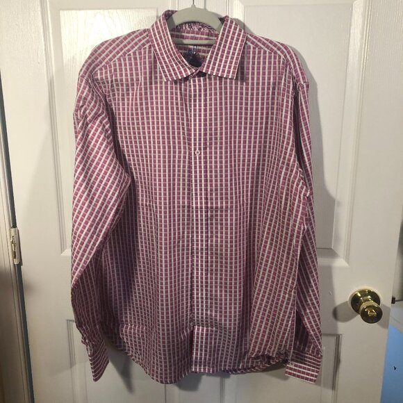 Robert Graham men pink geometric print shirt, pink trim, size XL